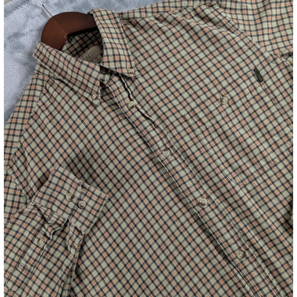 Beretta Shirt Mens Large Beige Plaid Flannel Long Sleeve Button Down Casual